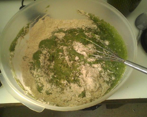 Mixing up my green batter.