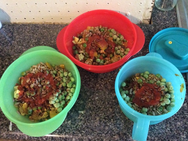 Three little bowls: pre-millet, but post-sriracha.